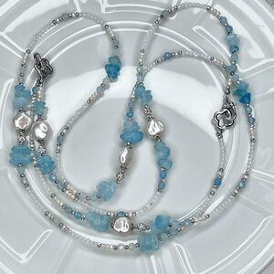 Handmade Freshwater Coin Pearl Aquamarine 💎 Extra Long Clover 2 in 1 Necklace